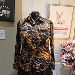 Nwot XL TINA KNOWLES Leopard Print Button Down Shirt SEXY LOOK